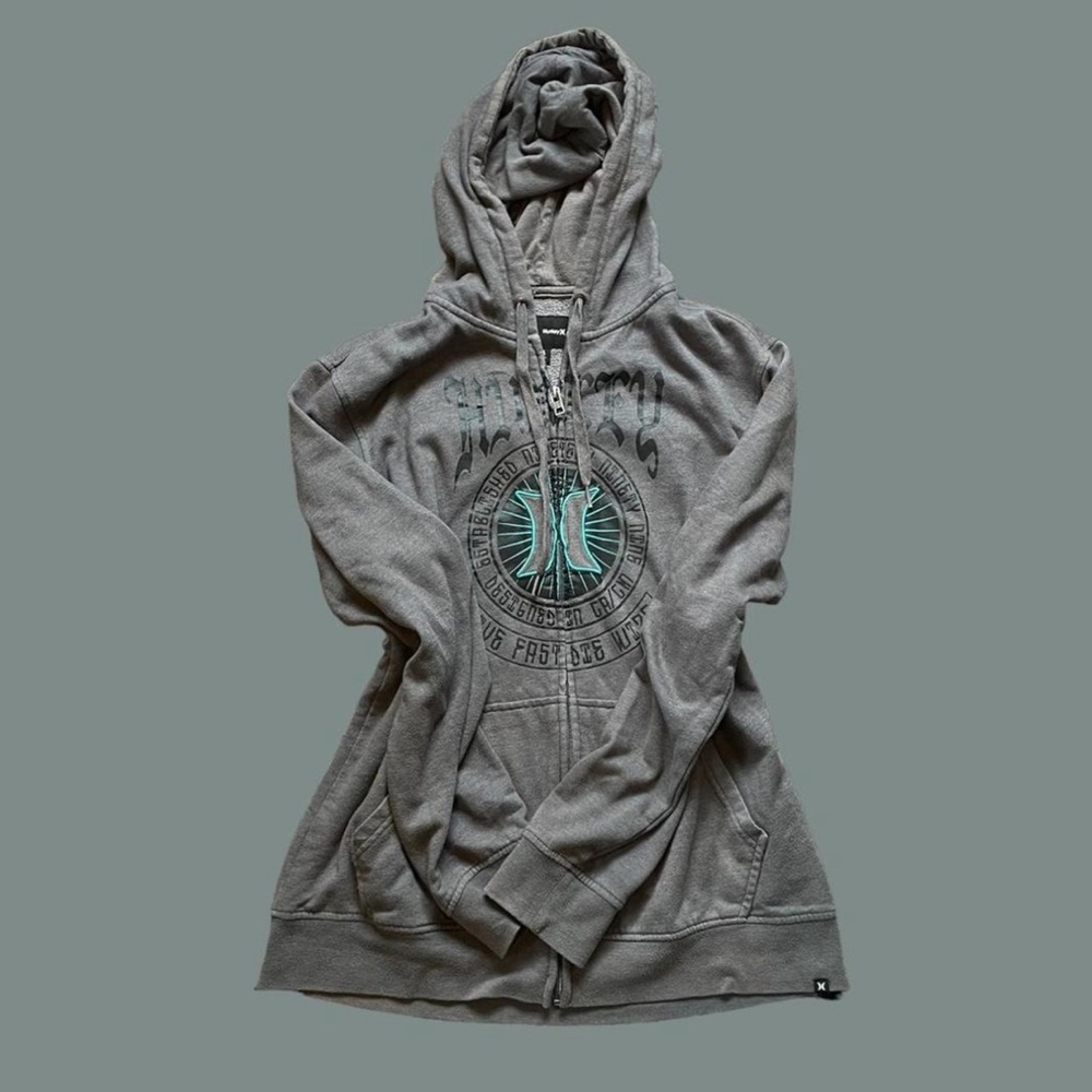 Hurley Gray Hoodie with Black and Teal Graphic Accents